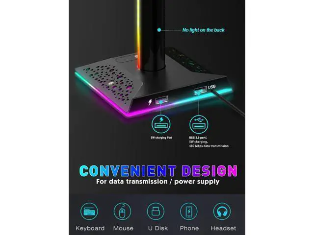 Alt view image 4 of 7 - RGB Gaming Headphones Stand with 2 USB Ports Headset Stand with 10 Light Modes and Non-Slip Rubber, Suitable for All Earphone Accessories, Best Gift for Husband, Kids, Boyfriend