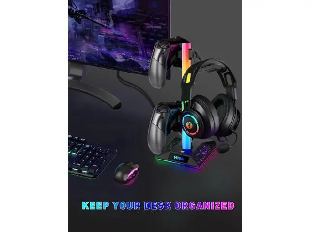 Alt view image 5 of 7 - RGB Gaming Headphones Stand with 2 USB Ports Headset Stand with 10 Light Modes and Non-Slip Rubber, Suitable for All Earphone Accessories, Best Gift for Husband, Kids, Boyfriend