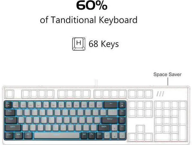 Alt view image 3 of 7 - MageGee Portable 60% Mechanical Gaming Keyboard, MK-Box LED Backlit Compact 68 Keys Mini Wired Office Keyboard with Blue Switch for Windows Laptop PC Mac - Grey/Black