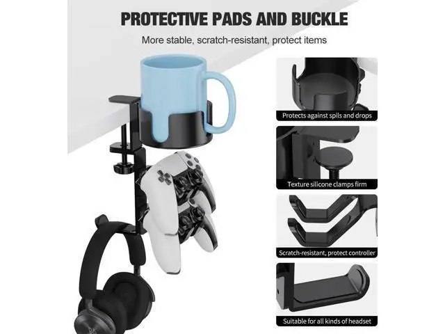 Alt view image 3 of 6 - 360° Rotating Controller Headphone Holder - Larger Desk Cup Holder with Adjustable Headset Hanger Controller Stand | Clamp On Desk Organizer | Gaming Desk Pc Accessories