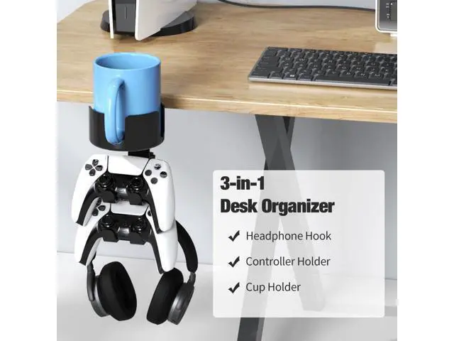 Alt view image 2 of 6 - 360° Rotating Controller Headphone Holder - Larger Desk Cup Holder with Adjustable Headset Hanger Controller Stand | Clamp On Desk Organizer | Gaming Desk Pc Accessories