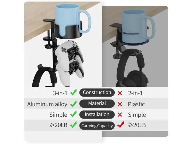 Alt view image 6 of 6 - 360° Rotating Controller Headphone Holder - Larger Desk Cup Holder with Adjustable Headset Hanger Controller Stand | Clamp On Desk Organizer | Gaming Desk Pc Accessories