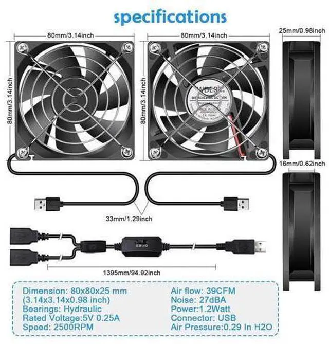 Alt view image 6 of 7 - Mini 80mm USB Computer PC Case Cooling 5V Powered Fan (Quiet), Cabinet Cooler Fan with Speed Controller2 in1 Pack
