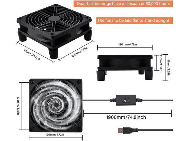 Alt view image 7 of 7 - Quiet 120mm Router Fan Cooler with L/M/H 3-Degree Speed Controller, DC 5V USB Powered Cooling Case Fan for Router Modem Receiver DVR Playstation TV Box