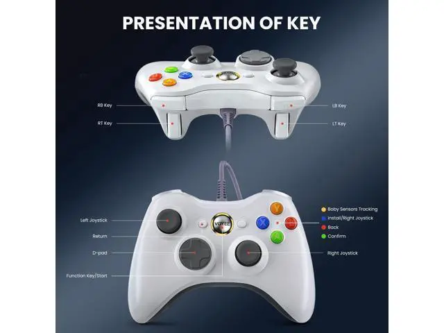 Alt view image 5 of 7 - VOYEE PC Controller, Wired Controller Compatible with Microsoft Xbox 360 & Slim/PC Windows 10/8/7, with Upgraded Joystick, Double Shock | Enhanced (White)