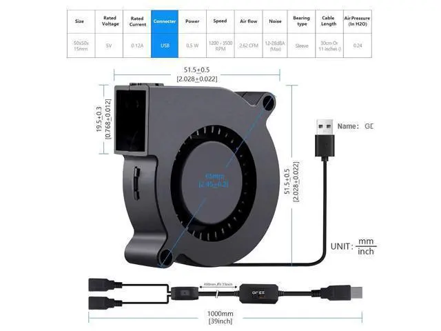 Alt view image 6 of 6 - Wathai 50mm x 15mm USB Blower Fan 5V 5015 Brushless Cooling Fans with Variable Speed Controller for Laptops, Helmets, and DIY Projects 2 Pack