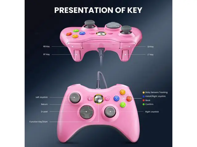 Alt view image 5 of 7 - VOYEE PC Controller, Wired Controller Compatible with Microsoft Xbox 360 & Slim/PC Windows 10/8/7, with Upgraded Joystick, Double Shock | Enhanced (Pink)