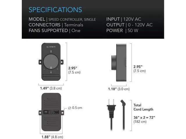 Alt view image 4 of 4 - AC Infinity, Fan Speed Controller for 100 to 125V AC Axial Muffin Cooling Fans, Single Connector, for DIY Cooling Ventilation Exhaust Projects
