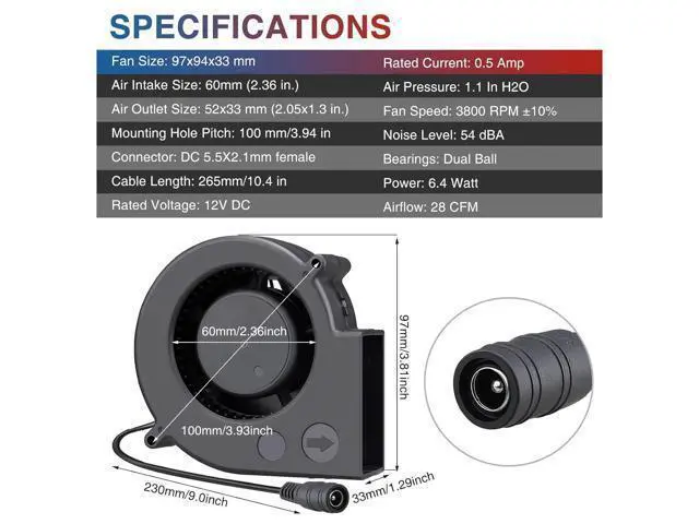 Alt view image 5 of 7 - 97mm x 33mm Blower Fan Dual Ball 12 Volt High CFM 110v 220v Variable Speed Controller with AC Pulg for DIY Cooling Ventilation Exhaust Projects, Inflatable Replacement