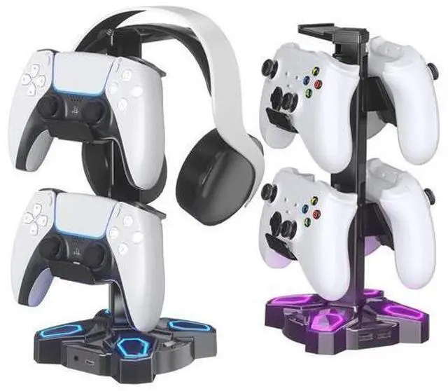 Main image of KDD Gaming Headphones Stand, Rotatable Headset Stand with Light Modes - Controller Holder with 2 USB Charging Ports and 3.5mm - Earphone Hanger Accessories for Desktop Gamer(Black)