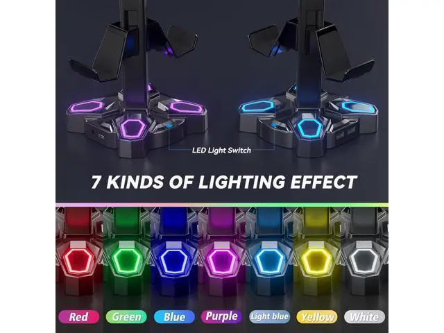 Alt view image 3 of 7 - KDD Gaming Headphones Stand, Rotatable Headset Stand with Light Modes - Controller Holder with 2 USB Charging Ports and 3.5mm - Earphone Hanger Accessories for Desktop Gamer(Black)