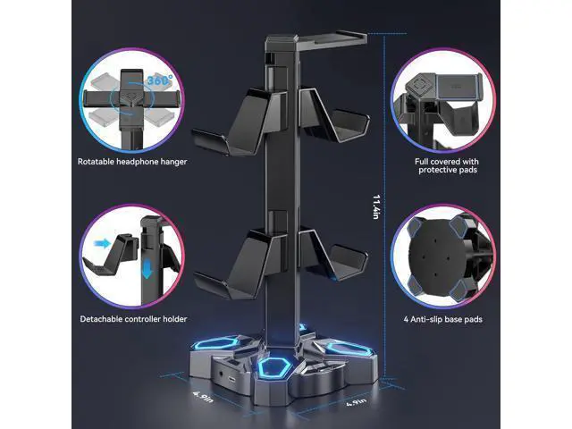 Alt view image 4 of 7 - KDD Gaming Headphones Stand, Rotatable Headset Stand with Light Modes - Controller Holder with 2 USB Charging Ports and 3.5mm - Earphone Hanger Accessories for Desktop Gamer(Black)