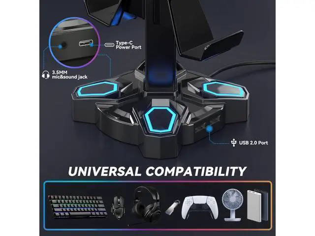 Alt view image 5 of 7 - KDD Gaming Headphones Stand, Rotatable Headset Stand with Light Modes - Controller Holder with 2 USB Charging Ports and 3.5mm - Earphone Hanger Accessories for Desktop Gamer(Black)