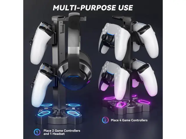 Alt view image 6 of 7 - KDD Gaming Headphones Stand, Rotatable Headset Stand with Light Modes - Controller Holder with 2 USB Charging Ports and 3.5mm - Earphone Hanger Accessories for Desktop Gamer(Black)