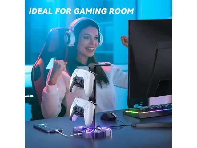 Alt view image 7 of 7 - KDD Gaming Headphones Stand, Rotatable Headset Stand with Light Modes - Controller Holder with 2 USB Charging Ports and 3.5mm - Earphone Hanger Accessories for Desktop Gamer(Black)