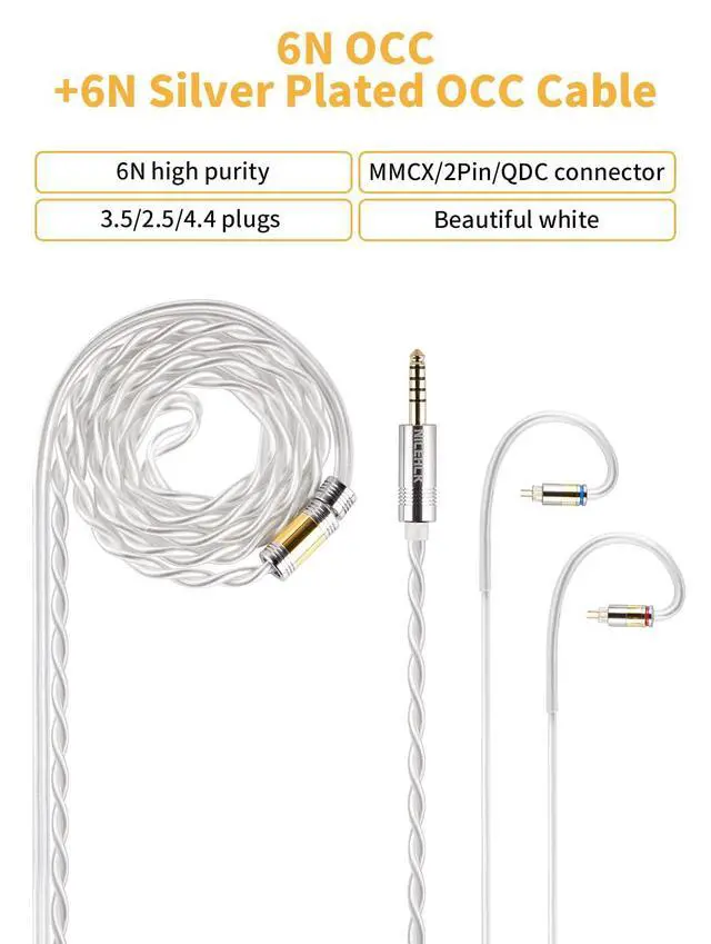 Alt view image 2 of 7 - Snowcat Balanced IEM Upgrade Cable 4.4mm MMCX HiFi Earphone Wire | Gold-plated 4.4 balanced plug & MMCX connector; thick warm bass, intimate vocal, soft treble; braided audiophile cord
