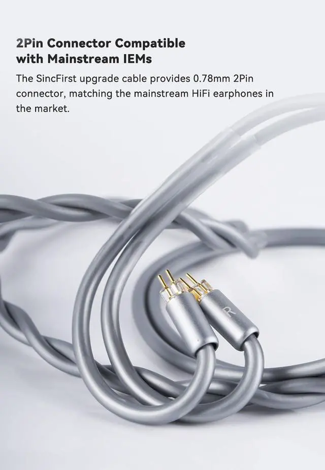 Alt view image 2 of 7 - SincFirst 7N OFC HiFi Upgrade Cable, 0.78mm 2Pin Connector, 4.4mm Balanced Plug, Dual Strands High Purity Audio Cable for IEMs (Grey)