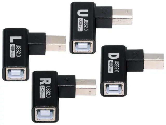 Main image of xiwai 4pcs/lot USB Type-B 2.0 Male to Female Extension Adapter Horizontal L Size Vertical Angled 90 Degree Converter for Camera, Piano,PLC, AIO