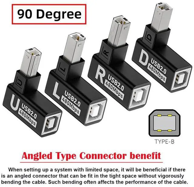 Alt view image 3 of 7 - xiwai 4pcs/lot USB Type-B 2.0 Male to Female Extension Adapter Horizontal L Size Vertical Angled 90 Degree Converter for Camera, Piano,PLC, AIO