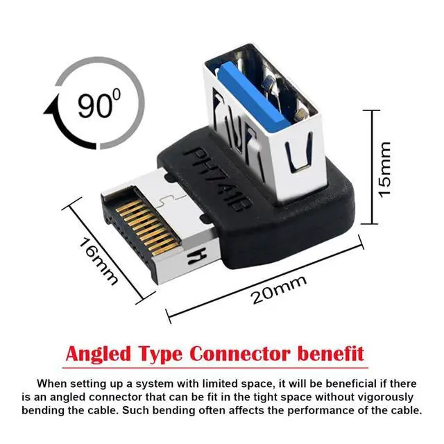 Alt view image 3 of 7 - Type-E USB 3.1 Front Panel Header Male to Type-A USB3.0 Female Data Adapter Down Angled 90 Degree for Motherboard