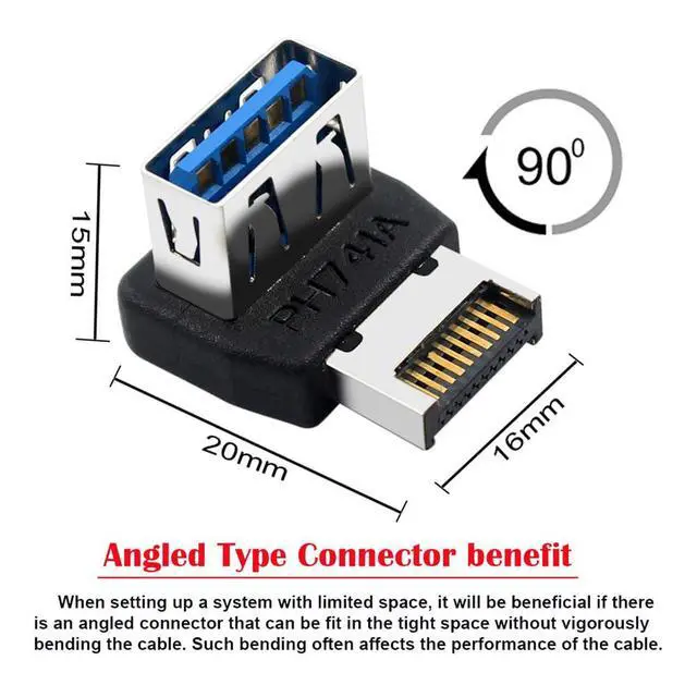 Alt view image 3 of 7 - Type-E USB 3.1 Front Panel Header Male to Type-A USB3.0 Female Data Adapter Up Angled 90 Degree for Motherboard