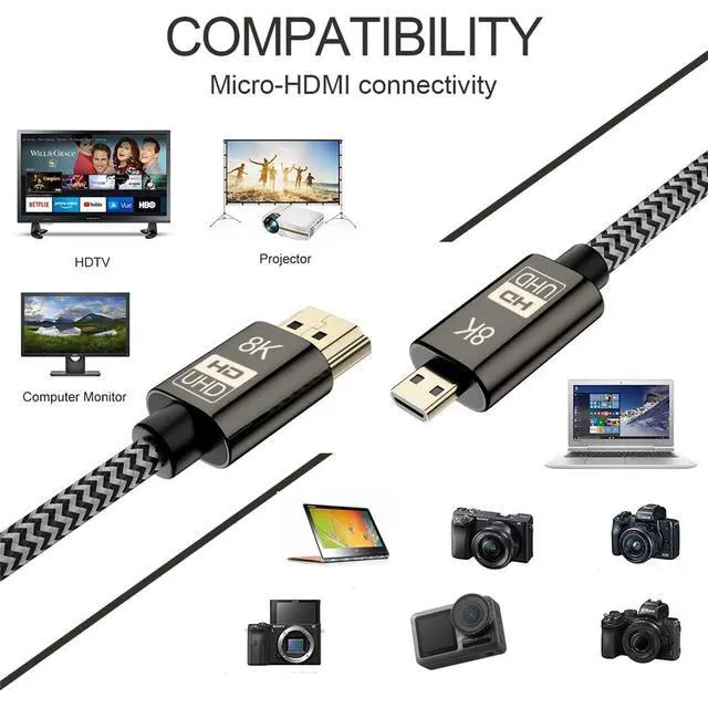 Alt view image 5 of 7 - xiwai Micro HDMI to HDMI 2.1 Ultra-HD UHD 8K 60hz 4K 120hz Cable 48Gbs HDMI Cord for Camera Tablet (1.0m)