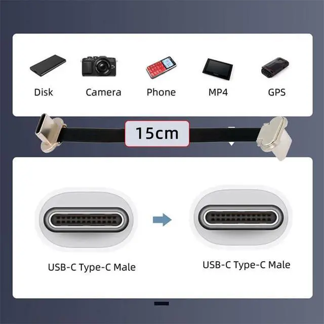 Alt view image 2 of 7 - xiwai Angled Short USB-C Male to Male Charging Cord 15cm Ultra Slim Flat | 65W Fast Power,USB2.0 Data Cable 5.9 inch,for Laptop Tablet,Black