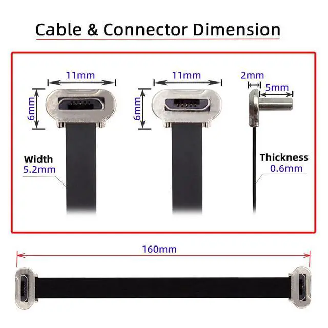 Alt view image 2 of 7 - xiwai 90 Degree Micro USB Male to Male 5Pin Slim Flat Charging Cable 16cm | Down to Up Angle Connector,for Phone Tablet Camera,5V 2A power,USB2.0 480Mbps Data