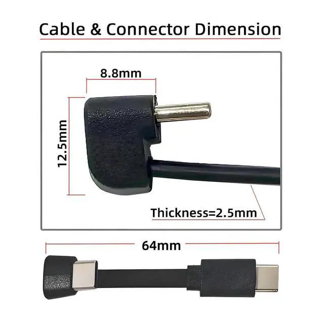 Alt view image 3 of 7 - xiwai USB-C Ultra Slim Flat Type-C Male to Female Extension Power USB2.0 Data Cable Opposite U Shape Back Angled 65W Fast Charge for Laptop Tablet Phone