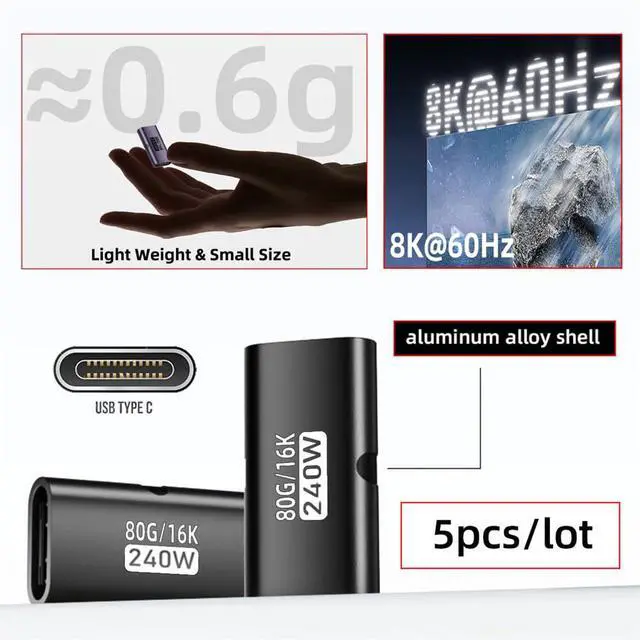 Alt view image 5 of 7 - xiwai 5pcs/lot USB-C Type C Female to Female USB5.0 80Gbps Extension Adapter with 240W 16K 8K 5K USB Type-C Compatible with USB4.0 Thunderbolt3/4/5