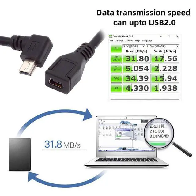 Alt view image 2 of 7 - 90 Degree Left Angled Mini USB 5Pin Male to Female Extension Cable for GPS Camera 30cm