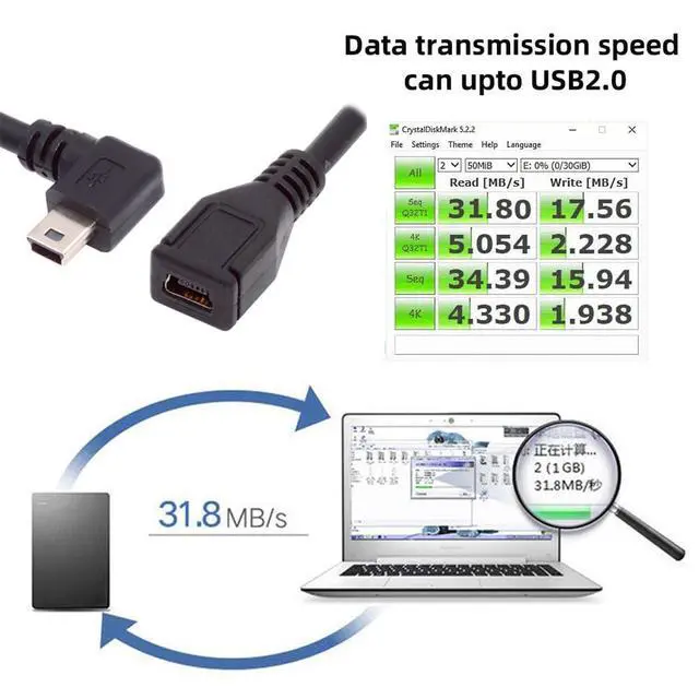 Alt view image 2 of 7 - 90 Degree Right Angled Mini USB 5Pin Male to Female Extension Cable for GPS Camera 30cm
