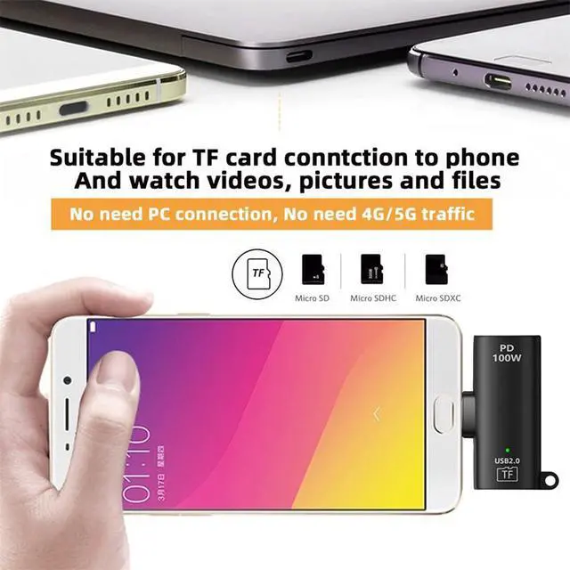 Alt view image 2 of 7 - xiwai Type-C to TF Micro-SD T-Flash OTG Card Reader Adapter for Laptop | with 100W PD Power 480Mbps Data, Portable Key Chain USB-C Connector Suitable for Phone Tablet