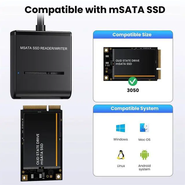 Alt view image 2 of 7 - xiwai USB 3.0 Type-A USB-C Type-C Dual Connector to MSATA SSD Docking Enclosure Aluminum External Adapter Cable 5Gbps