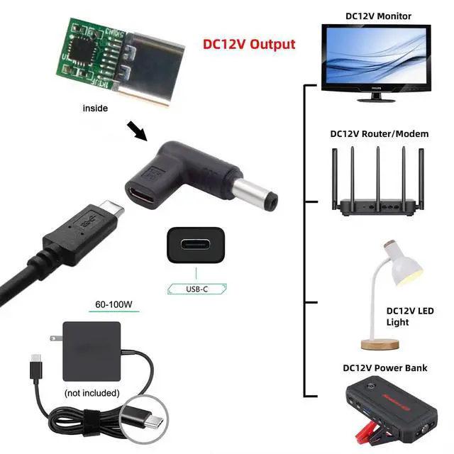 Alt view image 5 of 7 - xiwai USB 3.1 Type C USB-C Female to DC 12V 5.5x2.1mm Plug Adapter PD Emulator Trigger 90 Degree Angled