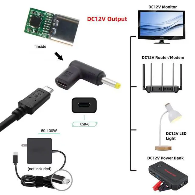 Alt view image 6 of 7 - xiwai USB 3.1 Type C USB-C Female to DC 12V 4.8x1.7mm Plug Adapter PD Emulator Trigger 90 Degree Angled