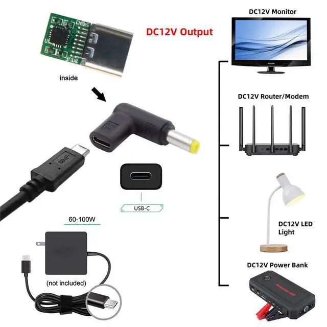 Alt view image 6 of 7 - xiwai USB 3.1 Type C USB-C Female to DC 12V 5.5x2.5mm Plug Adapter PD Emulator Trigger 90 Degree Angled
