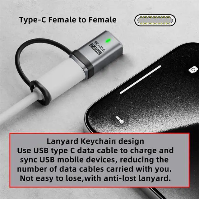 Alt view image 4 of 7 - xiwai USB5.0 80Gbps Female to Female USB C Extension Adapter with Strap Tether Lanyard Keychain 240W 16K 8K 5K Compatible with USB4.0 Thunderbolt3/4/5