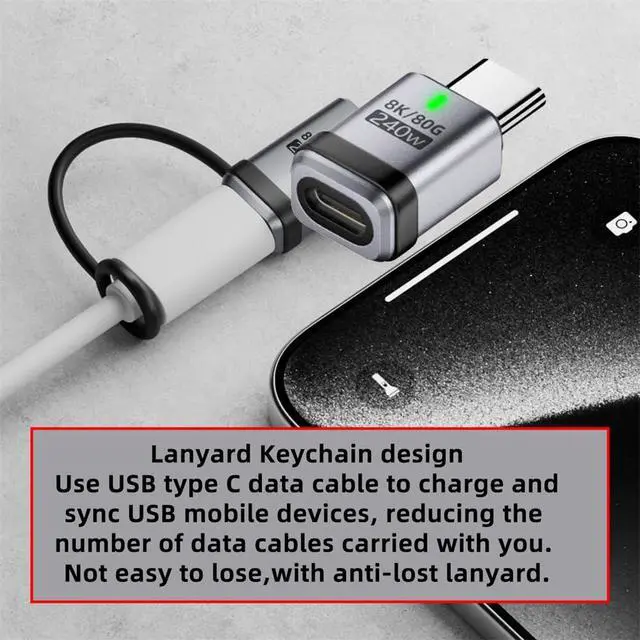 Alt view image 4 of 7 - xiwai USB5.0 80Gbps Male to Female Straight USB C Extension Adapter with Strap Tether Lanyard Keychain 240W 16K 8K 5K Compatible with USB4.0 Thunderbolt3/4/5