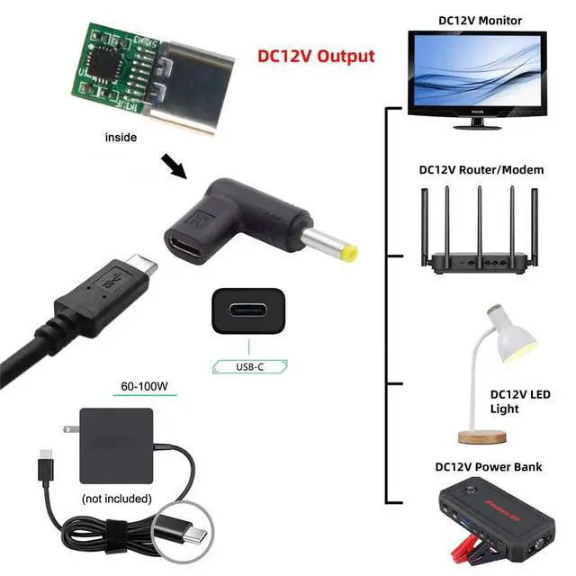 Alt view image 5 of 7 - xiwai USB 3.1 Type C USB-C Female to DC 12V 4.0x1.7mm Plug Adapter PD Emulator Trigger 90 Degree Angled