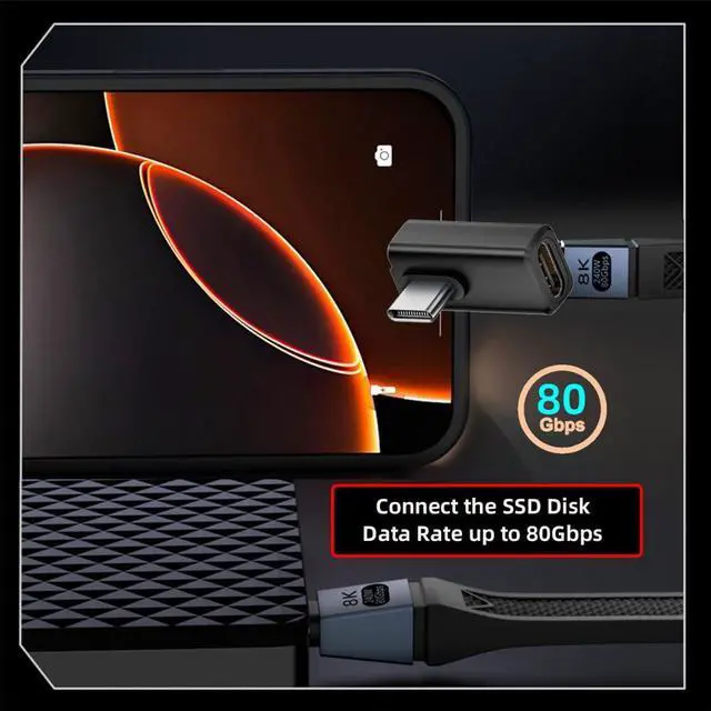 Alt view image 6 of 7 - xiwai USB5.0 Extension Adapter 80Gbps Male to Female Low Profile Left Right Angled with 240W 16K 8K 5K Compatible with USB4.0 Thunderbolt3/4/5