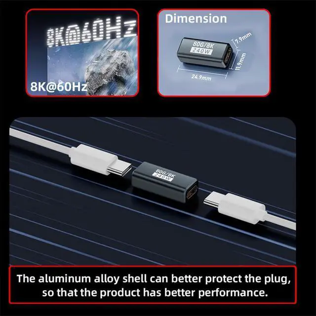 Alt view image 6 of 7 - xiwai USB5.0 80Gbps 240W Extension Adapter Type C Female to Female with 16K 8K 5K Compatible with USB4.0 Thunderbolt3/4/5