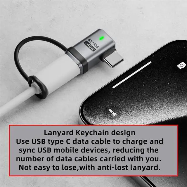 Alt view image 3 of 7 - xiwai 90 Degree USB5.0 80Gbps Male to Female Left Right Angled USB C Extension Adapter with Strap Tether Lanyard Keychain 240W 16K 8K 5K Compatible with USB4.0 Thunderbolt3/4/5