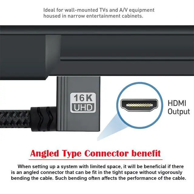 Alt view image 2 of 7 - xiwai Left Angled 16K 8K UHD HDMI 2.2 Version 96Gbps Cable 0.5M Type-A Male to HDMI Male HDTV 90 Degree for HDTV Desktop Laptop Monitor