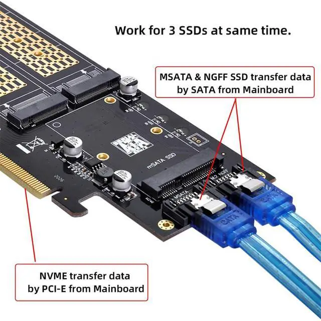 Alt view image 4 of 7 - xiwai PCI Express PCI-E 3.0 & Dual SATA to NGFF NVME MSATA M-Key B/M-Key SSD Card Adapter 3in1