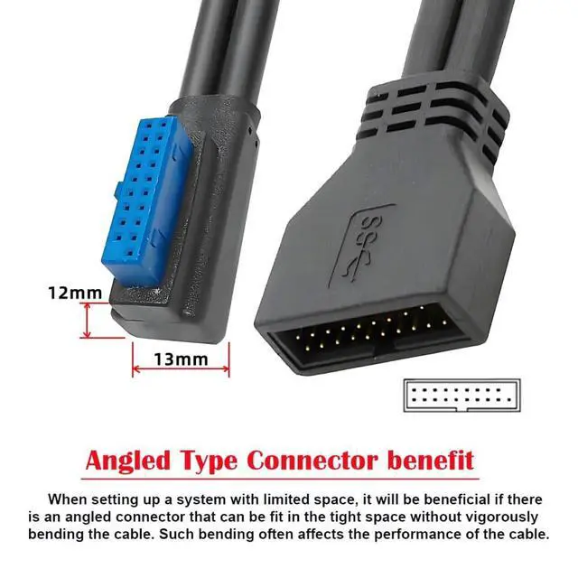 Alt view image 2 of 7 - xiwai Low Profile Right Angled USB 3.0 5Gbps 20Pin 19Pin Male to Female Extension Cable for Motherboard Mainboard 24cm