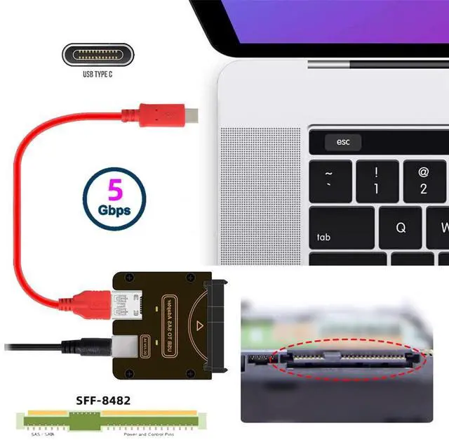 Alt view image 6 of 7 - Xiwai SAS SFF-8482 29Pin to USB Type-C & Type-A 5Gbps Raid Adapter Hard Disk Drive with Chipset and Power Port (Need 12V/3A Power Supply)