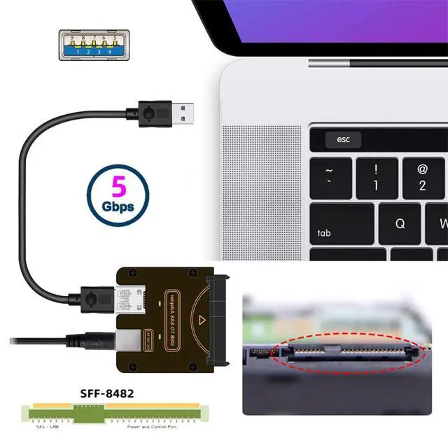 Alt view image 2 of 7 - Xiwai SAS SFF-8482 29Pin to USB 3.0 5Gbps Raid Hard Disk Drive Adapter with Chipset and Power Port (12V/3A Power Supply)