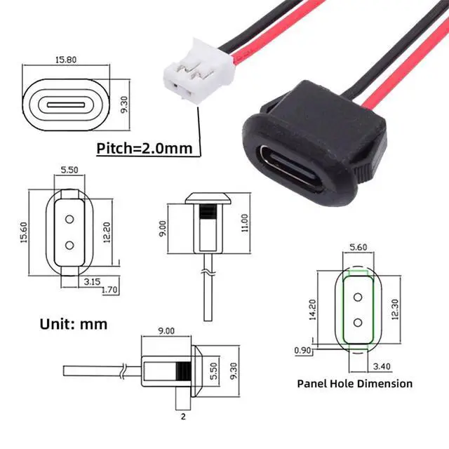 Alt view image 2 of 7 - xiwai 5pcs/Set DIY OEM Type C Female Socket to 2Pin Header Cable Type-C to 2P Waterproof Terminal Wire with Pitch=2.0mm Latch Mount Type USB C Pigtail DC 5V Extension Power Cable