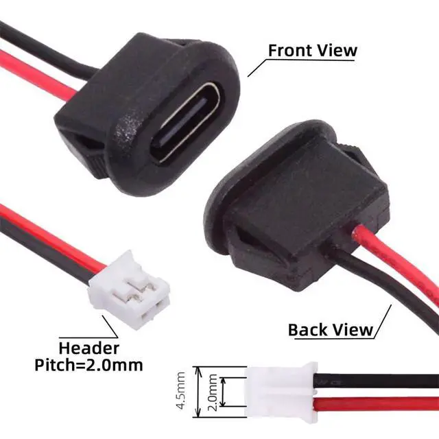 Alt view image 3 of 7 - xiwai 5pcs/Set DIY OEM Type C Female Socket to 2Pin Header Cable Type-C to 2P Waterproof Terminal Wire with Pitch=2.0mm Latch Mount Type USB C Pigtail DC 5V Extension Power Cable